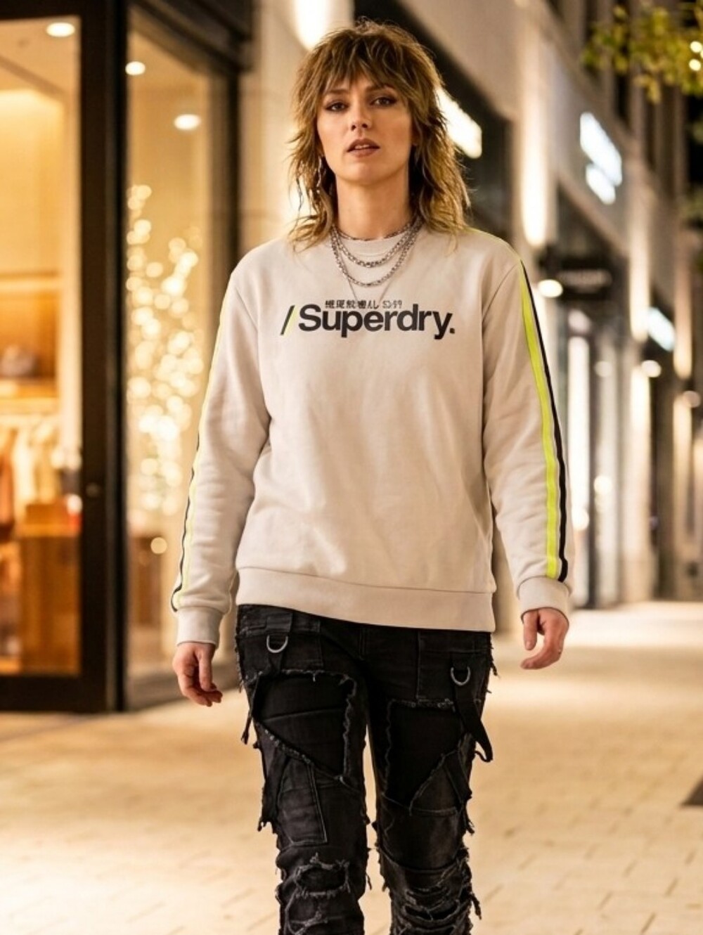 Superdry💧UNISEX OffWhite Colour Crewneck Sweatshirt Neon&Black SleeveStripe SzL